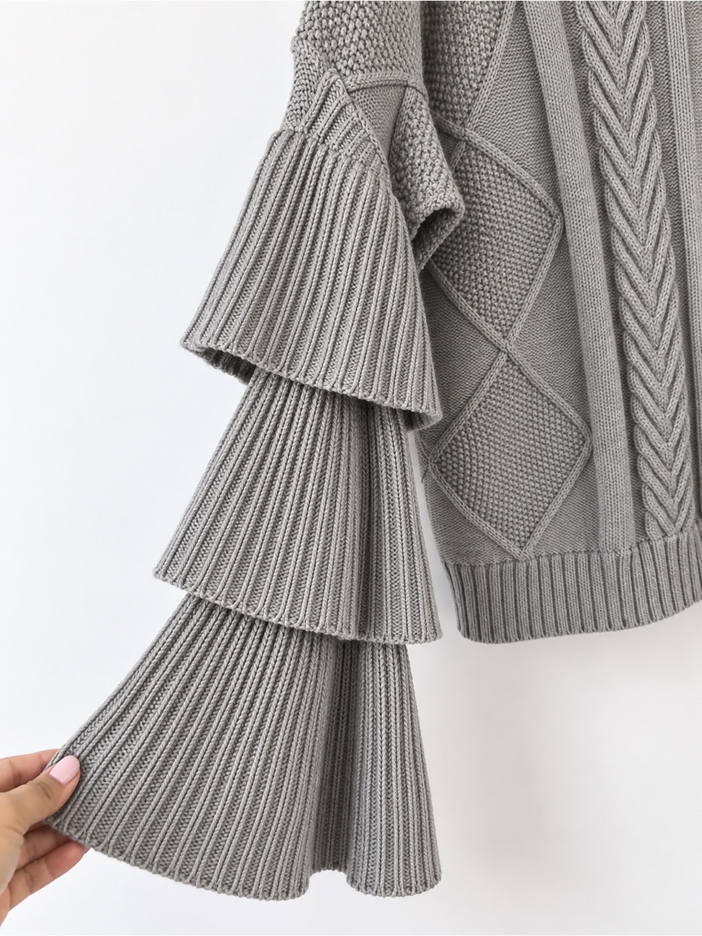 Gray Cable-Knit Ruffle-Sleeve Sweater - Picture 4 of 5